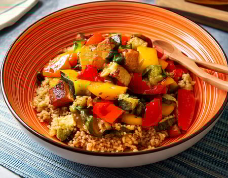 A bowl of rice with vegetables and a spoon photo