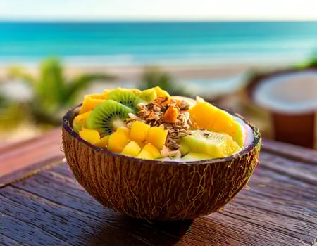 Tropical fruit bowl with coconut on the beach photo