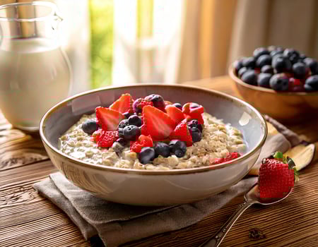 Oats with berries and milk photo
