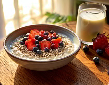 A bowl of oatmeal with berries and a glass of milk photo