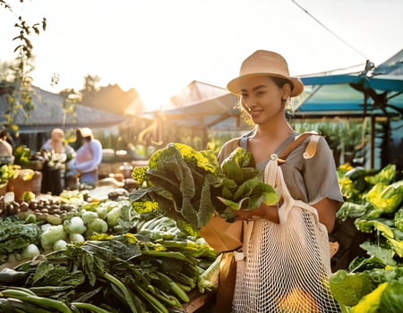 A woman is standing in front of a vegetable stand photo