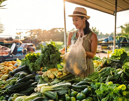 A woman is standing in front of a table with vegetables photo