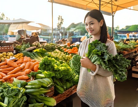 Asian woman standing in front of vegetables at farmers market photo
