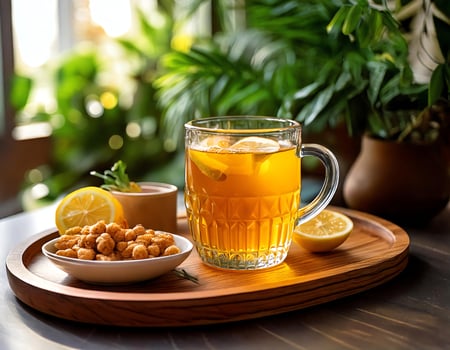 A glass of tea and a bowl of nuts on a wooden tray photo