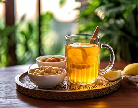 Chai tea with lemon and nuts on a wooden tray photo