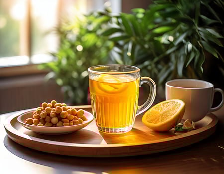 Chickpeas, lemon and tea on a wooden tray photo