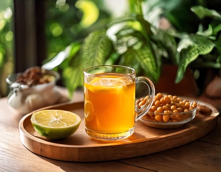 A glass of lemon juice and nuts on a wooden tray photo