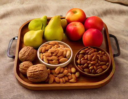 A tray with apples, pears, almonds, and walnuts photo