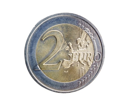 2 Euro coins money isolated on white background with clipping path. photo