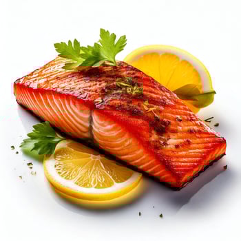 Salmon with lemon slices and parsley photo