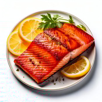 Salmon on white plate with lemon slices photo