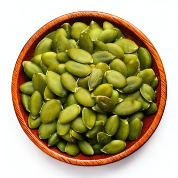 A bowl of pumpkin seeds on a white surface photo