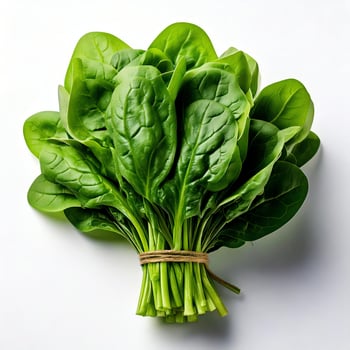 Spinach leaves are tied together on a white surface photo