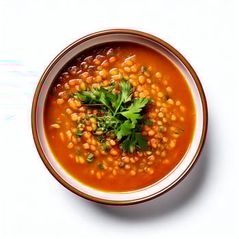 A bowl of lentil soup with parsley photo