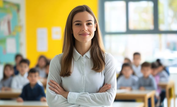 woman primary school teacher at school with students in the background photo