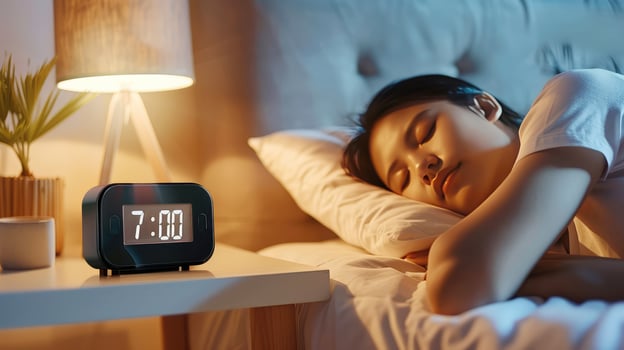 Digital alarm clock on bedside table in bedroom early in the morning showing wake up time, young asian woman sleeping nearby in bed. Morning wake up concept photo