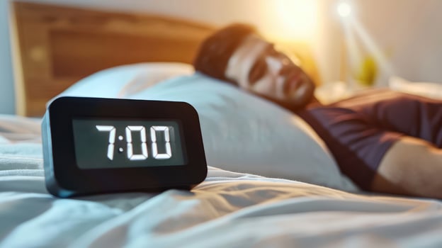 Digital alarm clock in bedroom early morning showing wake up time, young man sleeping in bed. Morning wake up concept photo