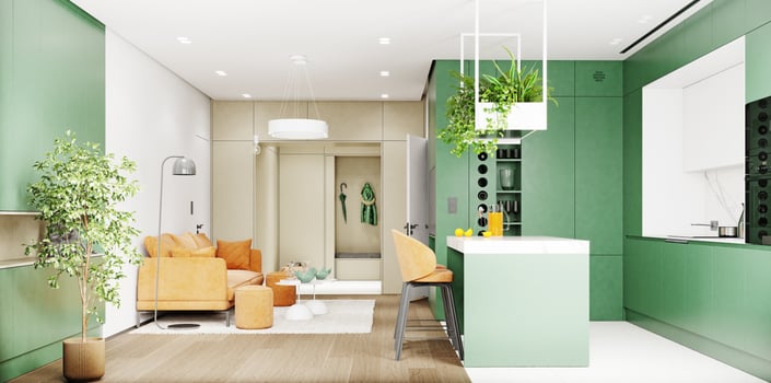 Kitchen with island and green cabinets photo