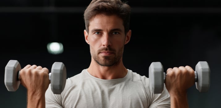 A determined man is lifting dumbbells in a gym, focusing on strength training. His intense expression shows dedication to improving his physical fitness during a morning workout. photo