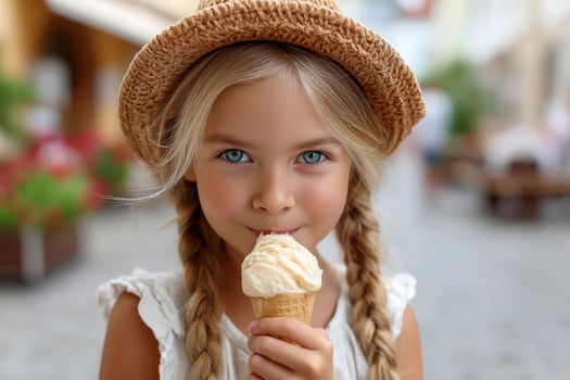 Young girl enjoys a delicious ice cream cone on a sunny day in a charming outdoor setting surrounded by greenery photo