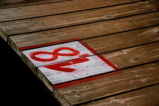 Weathered wooden dock with number eighteen painted red and white. Weekend concept near the forest and lake photo