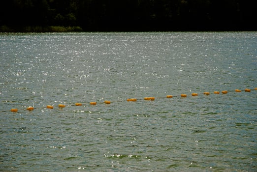 Tranquil lake scene with floating buoys on a sunny day. Weekend concept near the forest and lake photo