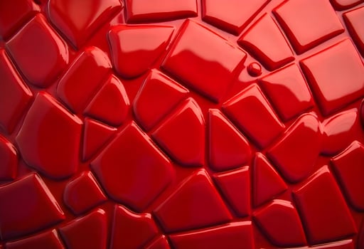 Close-up of glossy red mosaic with irregular tiles and reflective textured surface photo