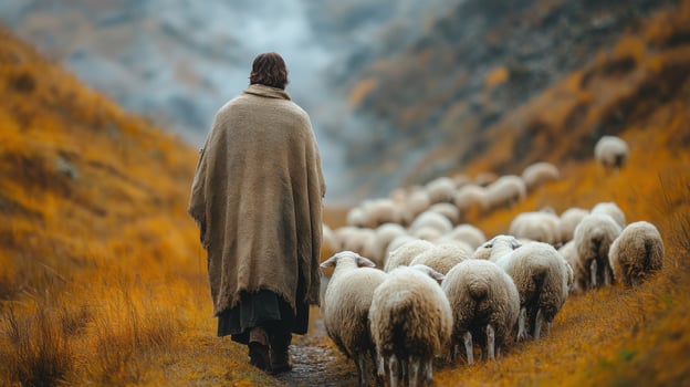 Shepherd guiding a flock of sheep through autumn hills in a serene rural landscape photo