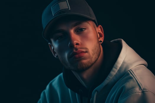 A man in a baseball cap and hoodie photo