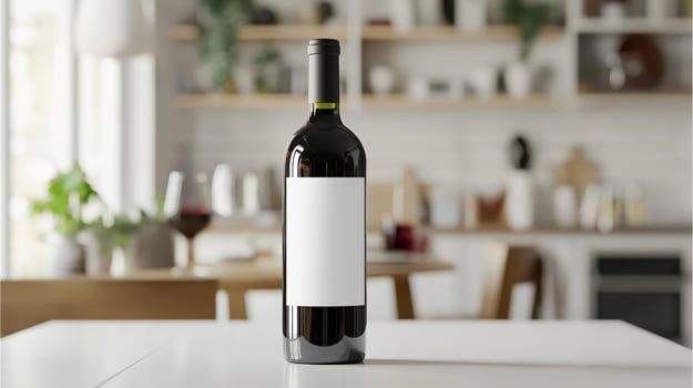 A striking wine bottle showcases its elegance against a marble backdrop perfect for product photography. photo