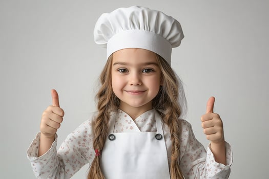 A little girl in a chef hat giving a thumbs up photo
