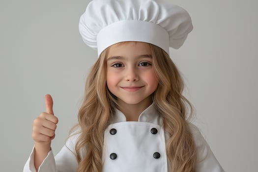 A little girl in a chef hat giving the thumbs up photo