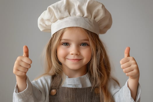 A little girl in a chef hat giving thumbs up photo