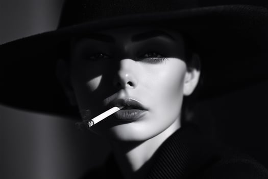 A woman in a hat and black dress smoking a cigarette photo