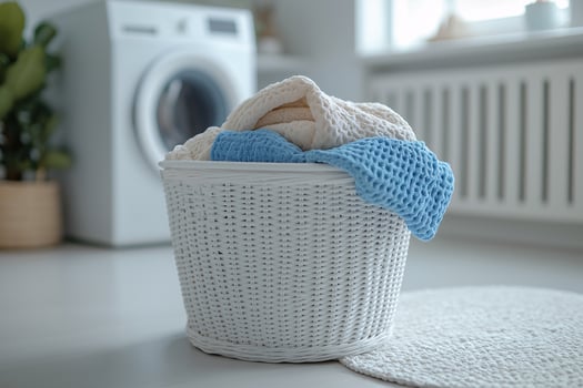 A basket of towels sitting on the floor next to a washing machine photo