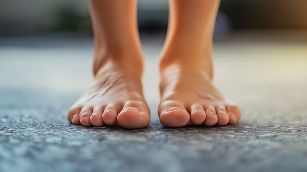 A person's bare feet on a concrete floor photo