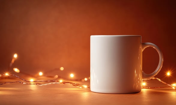 a white mug with christmas lights on background photo