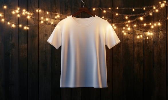 A white shirt hanging on a clothesline with lights in the background photo