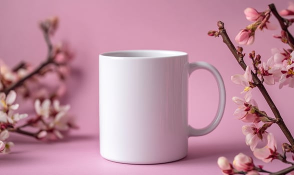 A white coffee cup sits on a pink background with pink flowers photo