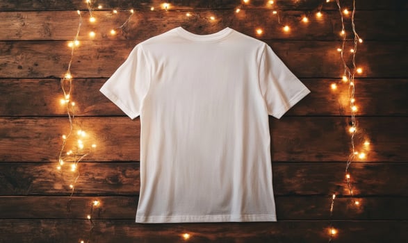 A white t-shirt is displayed on a wooden surface with lights in the background photo