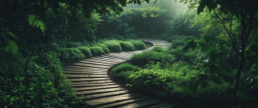 Winding Wooden Path Through Lush Green Garden. photo