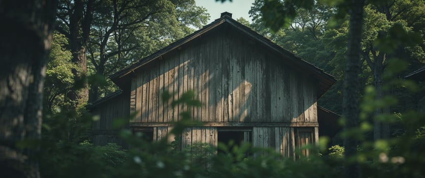 Rustic wooden house in lush green surroundings photo