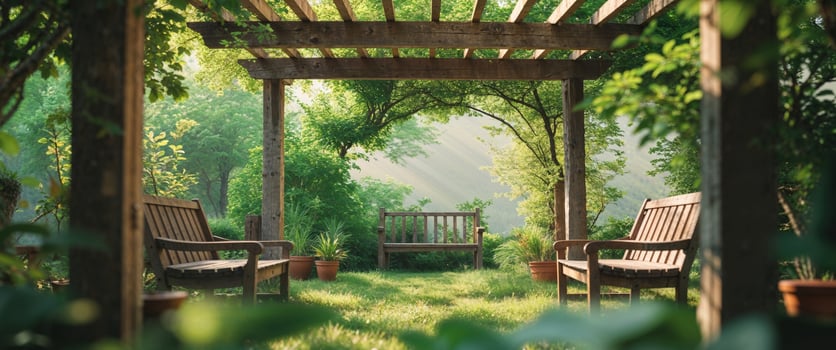 A wooden bench sits in the middle of a green garden photo