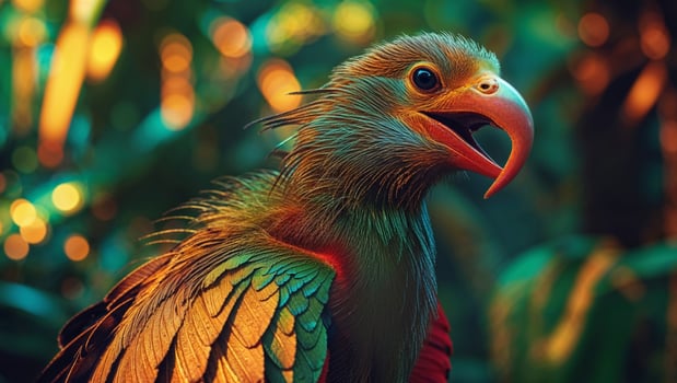 Colorful exotic bird showing its plumage in the jungle photo