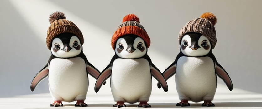 Three Adorable Penguins Wearing Knitted Winter Hats photo