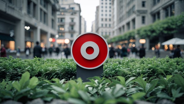 Red target standing out from the crowd in urban green space photo