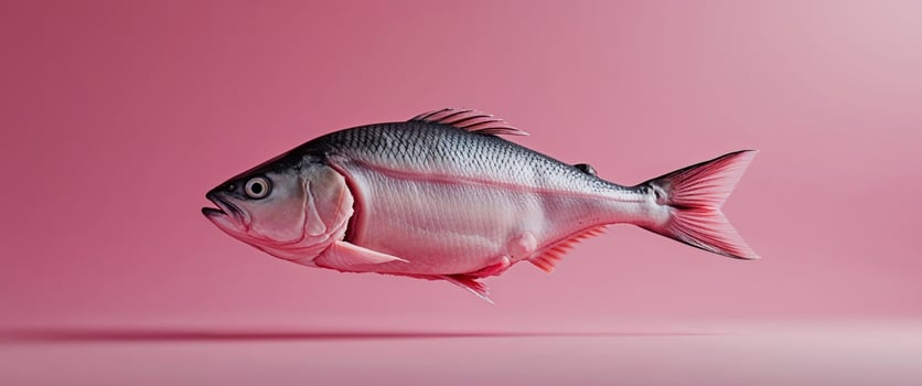 Raw fish steak with skin on pink background photo