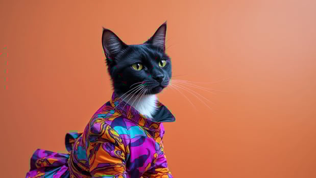 A black and white cat wearing a colorful dress photo