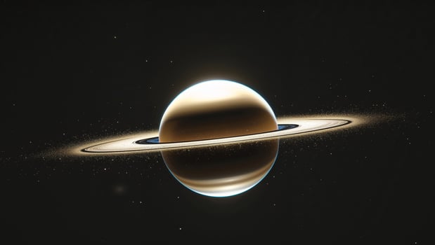 Golden planet reflecting sunlight in a dark space with dust particles photo