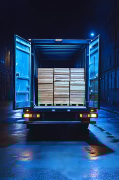 Truck delivering wooden crates at night in urban setting photo